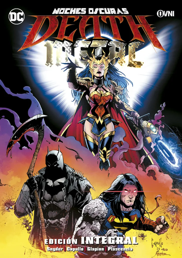 Noches Oscuras Death Metal Integral es el evento de DC Comics que lleva al Universo DC al Multiverso Oscuro. La Trinidad debe sobrevivir a merced del Batman que Ríe. Edición integral por Ovni Press.